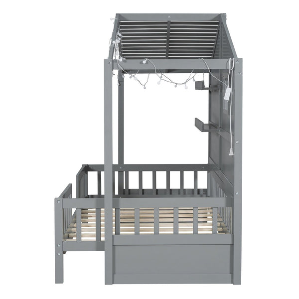English Elm Twin House Bed Frame with Led Roof Glow Built-in Shelves and Window Cutout Detail LP000522AAE-1