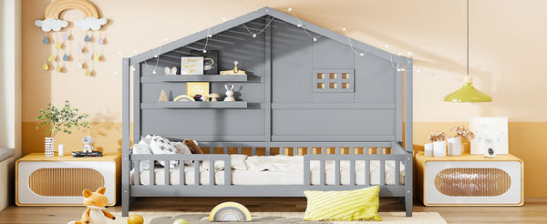 English Elm Twin House Bed Frame with Led Roof Glow Built-in Shelves and Window Cutout Detail LP000522AAE-1