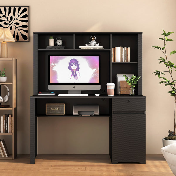 English Elm Computer Desk with Hutch & Bookshelf Black MDF, Lockable Drawer, Monitor Stand, 3 AC & 2 USB Ports, Spacious Workstation W1321P289999