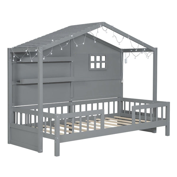 English Elm Twin House Bed Frame with Led Roof Glow Built-in Shelves and Window Cutout Detail LP000522AAE-1