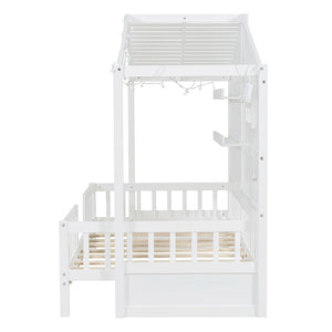 English Elm Twin House Bed Frame with Led Roof Glow Built-in Shelves and Window Cutout Detail LP000522AAK-1
