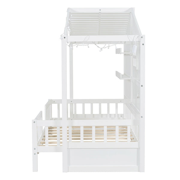 English Elm Twin House Bed Frame with Led Roof Glow Built-in Shelves and Window Cutout Detail LP000522AAK-1