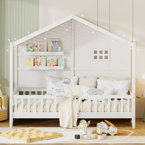 English Elm Twin House Bed Frame with Led Roof Glow Built-in Shelves and Window Cutout Detail LP000522AAK-1