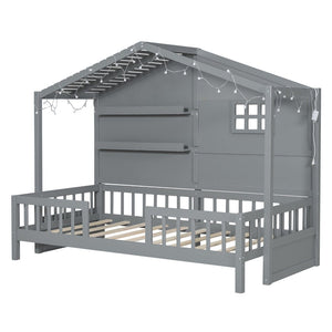 English Elm Twin House Bed Frame with Led Roof Glow Built-in Shelves and Window Cutout Detail LP000522AAE-1