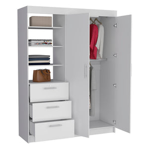 English Elm Kenya Spacious 3-Drawer Armoire with Double Doors, 3-Tier Shelves, Metal Handles & Hangers for Organized Bedroom Storage White 75.2 L x 22.8 W x 4.3 H B200S00166