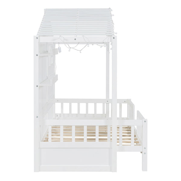 English Elm Twin House Bed Frame with Led Roof Glow Built-in Shelves and Window Cutout Detail LP000522AAK-1