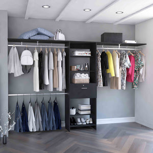 English Elm Plego Adjustable 70"-118" Wide Closet System with 4 Hanging Rods, 5 Shelves & Single Drawer - Black B070S00187