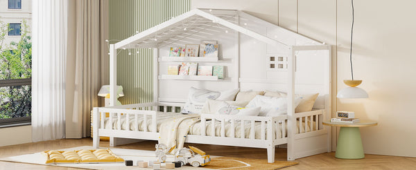 English Elm Twin House Bed Frame with Led Roof Glow Built-in Shelves and Window Cutout Detail LP000522AAK-1
