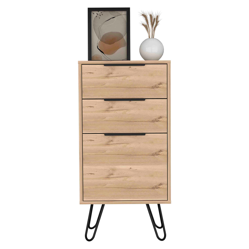 English Elm Light Mid-Century Dresser 35"H with Three Spacious Drawers, Hairpin Legs and Durable Top Finish Beige 34.64 L x 23.62 W x 6.69 H B097132921
