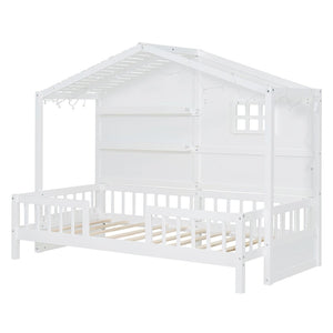 English Elm Twin House Bed Frame with Led Roof Glow Built-in Shelves and Window Cutout Detail LP000522AAK-1