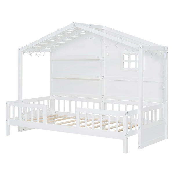 English Elm Twin House Bed Frame with Led Roof Glow Built-in Shelves and Window Cutout Detail LP000522AAK-1