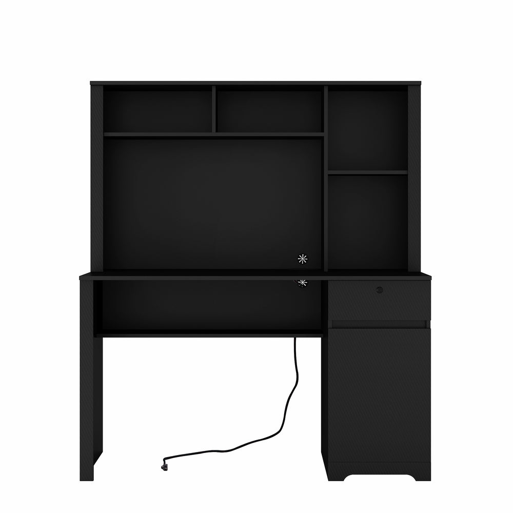 English Elm Computer Desk with Hutch & Bookshelf Black MDF, Lockable Drawer, Monitor Stand, 3 AC & 2 USB Ports, Spacious Workstation W1321P289999