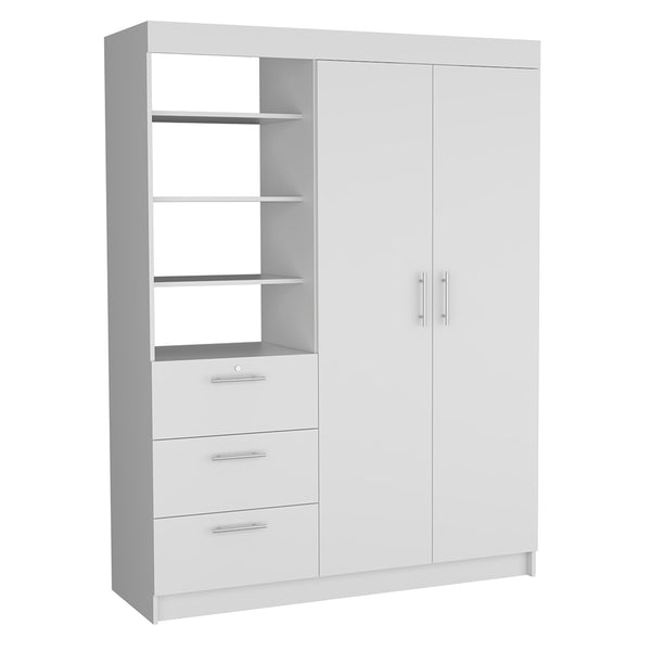 English Elm Kenya Spacious 3-Drawer Armoire with Double Doors, 3-Tier Shelves, Metal Handles & Hangers for Organized Bedroom Storage White 75.2 L x 22.8 W x 4.3 H B200S00166