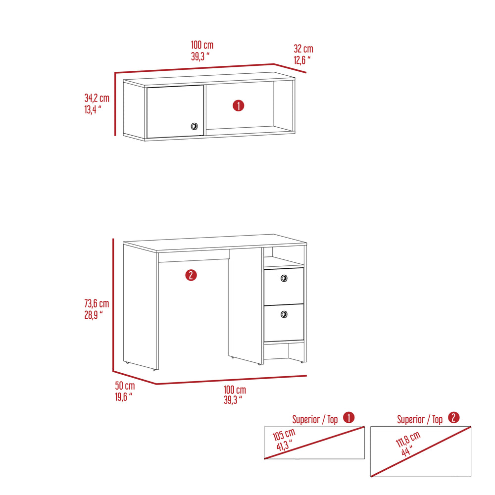 English Elm Khali 2-Pc Office Set with Desk & Wall Cabinet, Light Oak/Taupe Finish, 2 Drawers, Shelves, Compact Desk Surface B200S00185