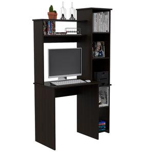 English Elm Desk, Space-Saving Home Office Workstation with Hutch and Five Open Shelves for Books & Tech Black 42.91 L x 32.28 W x 5.91 H B097132892