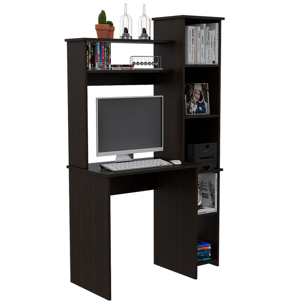 English Elm Desk, Space-Saving Home Office Workstation with Hutch and Five Open Shelves for Books & Tech Black 42.91 L x 32.28 W x 5.91 H B097132892