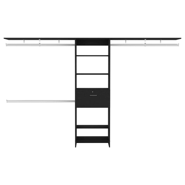 English Elm Plego Adjustable 70-118" Closet System with 4 Hanging Rods, 5 Shelves & 1 Drawer, Black Finish B200S00187