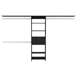 English Elm Plego Adjustable 70"-118" Wide Closet System with 4 Hanging Rods, 5 Shelves & Single Drawer - Black B070S00187