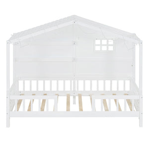 English Elm Twin House Bed Frame with Led Roof Glow Built-in Shelves and Window Cutout Detail LP000522AAK-1