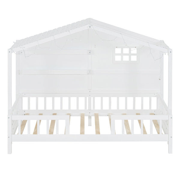 English Elm Twin House Bed Frame with Led Roof Glow Built-in Shelves and Window Cutout Detail LP000522AAK-1