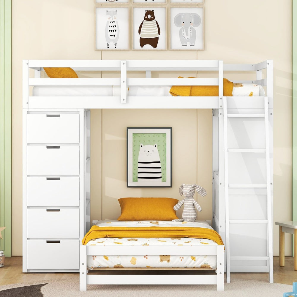 English Elm Twin Over Kids Bunk Bed with Led Lighting Usb Ports Desk and Gray Finish LT001218AAK