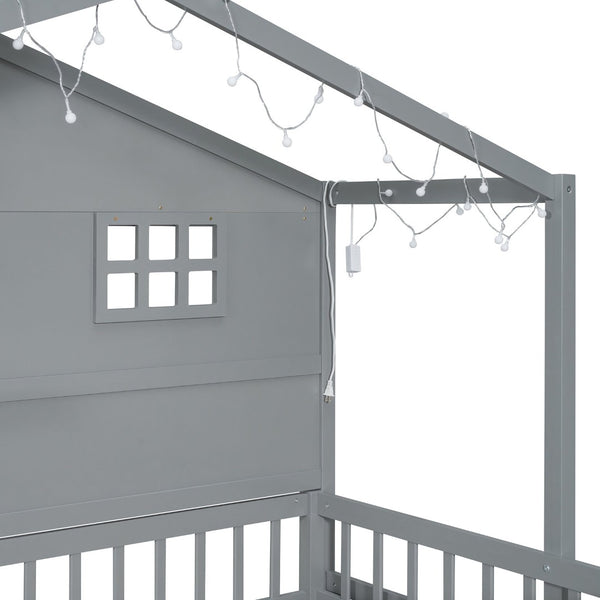 English Elm Twin House Bed Frame with Led Roof Glow Built-in Shelves and Window Cutout Detail LP000522AAE-1