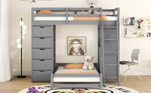 English Elm Twin Over Kids Bunk Bed with Led Lighting Usb Ports Desk and Gray Finish LT001218AAE