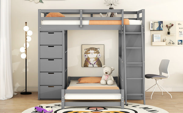 English Elm Twin Over Kids Bunk Bed with Led Lighting Usb Ports Desk and Gray Finish LT001218AAE