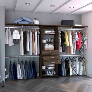 English Elm Plego Adjustable 69"-118" W Closet System in Dark Walnut & Black — 5 Shelves, 4 Rods, 3 Drawers, Durable Particleboard B200S00186