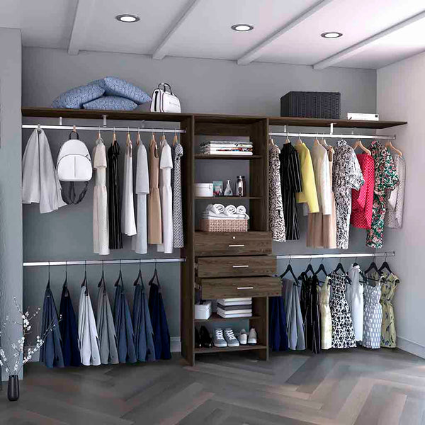 English Elm Plego Adjustable 69"-118" W Closet System in Dark Walnut & Black — 5 Shelves, 4 Rods, 3 Drawers, Durable Particleboard B200S00186