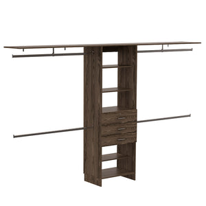 English Elm Plego Adjustable 69"-118" W Closet System in Dark Walnut & Black — 5 Shelves, 4 Rods, 3 Drawers, Durable Particleboard B200S00186