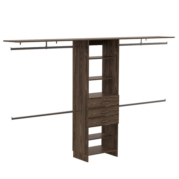 English Elm Plego Adjustable 69"-118" Closet System with 5 Shelves, 4 Rods & 3 Drawers in Dark Walnut Finish B070S00186