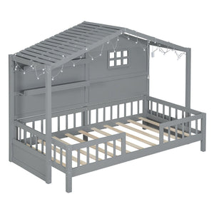 English Elm Twin House Bed Frame with Led Roof Glow Built-in Shelves and Window Cutout Detail LP000522AAE-1
