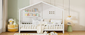 English Elm Twin House Bed Frame with Led Roof Glow Built-in Shelves and Window Cutout Detail LP000522AAK-1