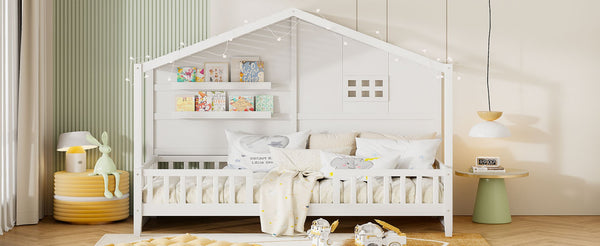 English Elm Twin House Bed Frame with Led Roof Glow Built-in Shelves and Window Cutout Detail LP000522AAK-1
