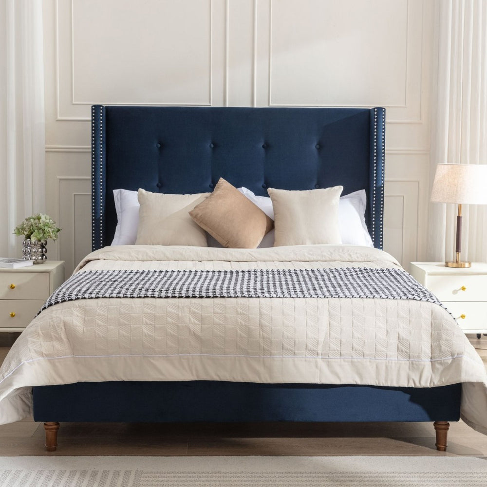 English Elm Peyton Upholstered King Bed - Luxurious Blue Velvet, 54" Wingback Headboard With Nailhead Trim & Easy Setup B083P152029-GIGA