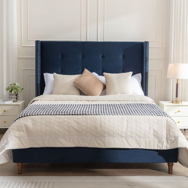 English Elm Peyton Upholstered King Bed - Luxurious Blue Velvet, 54" Wingback Headboard With Nailhead Trim & Easy Setup B083P152029-GIGA