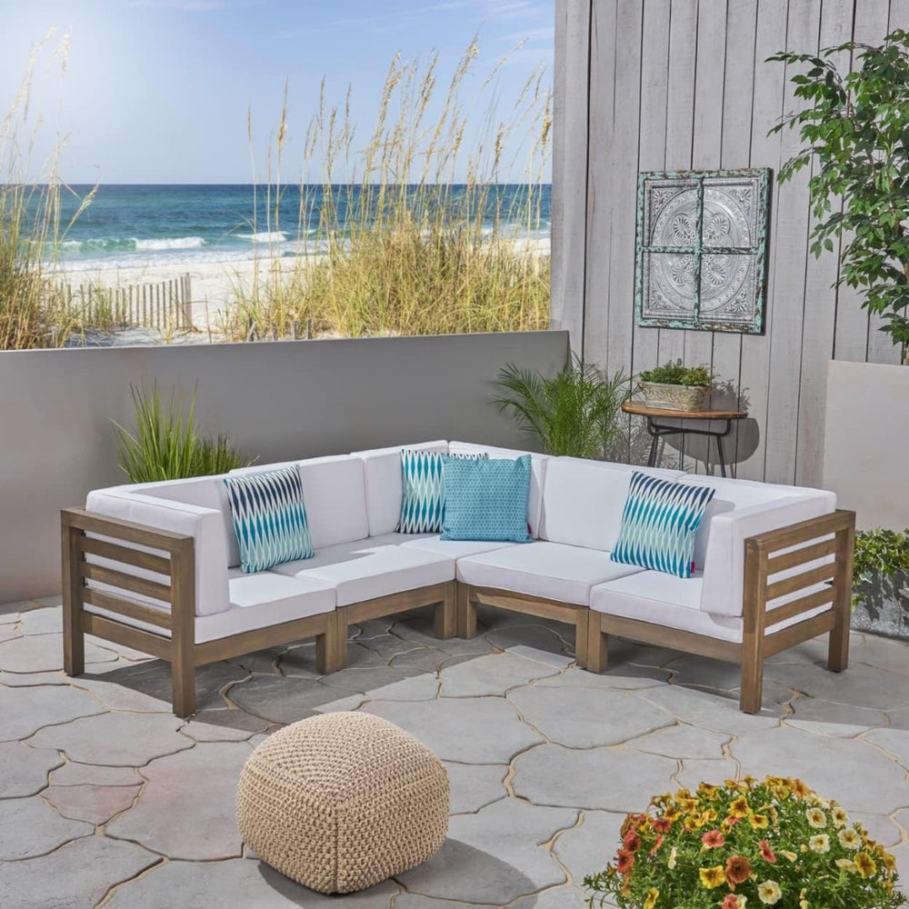 English Elm Oana Outdoor Modular Sectional Set Acacia Wood Frame V Shape Patio Seating 64497-98-99.00-64495.00WHI