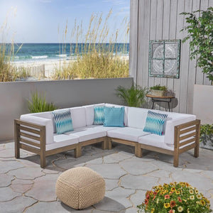 English Elm Oana Outdoor Modular Sectional Set Acacia Wood Frame V Shape Patio Seating 64497-98-99.00-64495.00WHI