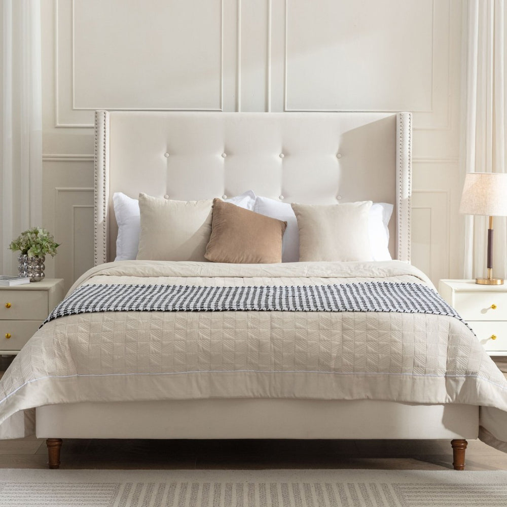 English Elm Peyton Upholstered Queen Bed - Elegant Ivory Velvet, 54" High Headboard, Wingback Design, Easy Setup B083P152026-GIGA