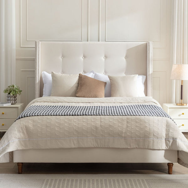 English Elm Peyton Upholstered Queen Bed - Elegant Ivory Velvet, 54" High Headboard, Wingback Design, Easy Setup B083P152026-GIGA