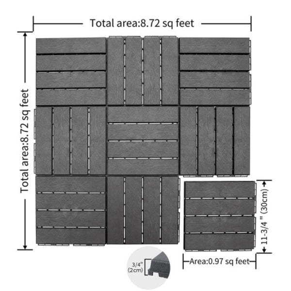 English Elm Patio Composite Interlocking Floor Tiles Four Slat Drainage Design for Balcony Deck Dark Gray W1859P181803