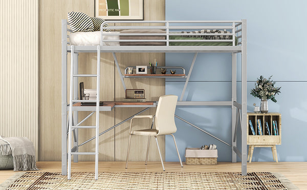 English Elm Full Full Size Loft Bed with Built-In Desk and Shelf, Sturdy Metal & MDF Frame Maximizes Space and Study Silver GX001106AAN