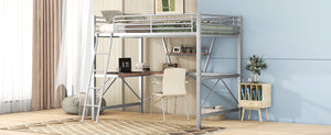 English Elm Full Full Size Loft Bed with Built-In Desk and Shelf, Sturdy Metal & MDF Frame Maximizes Space and Study Silver GX001106AAN