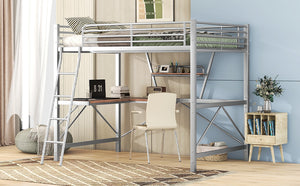 English Elm Full Full Size Loft Bed with Built-In Desk and Shelf, Sturdy Metal & MDF Frame Maximizes Space and Study Silver GX001106AAN