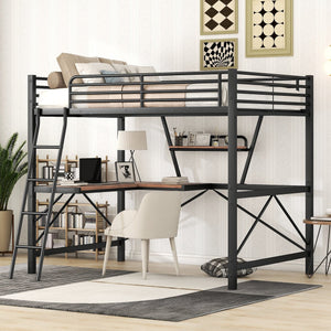 English Elm Full Full Size Loft Bed with Built-In Desk and Shelf, Sturdy Metal & MDF Frame Maximizes Space and Study Black GX001106AAB