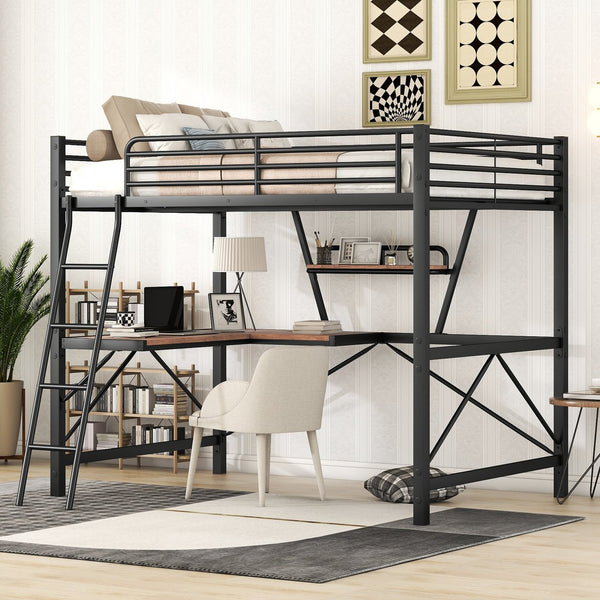 English Elm Full Full Size Loft Bed with Built-In Desk and Shelf, Sturdy Metal & MDF Frame Maximizes Space and Study Black GX001106AAB
