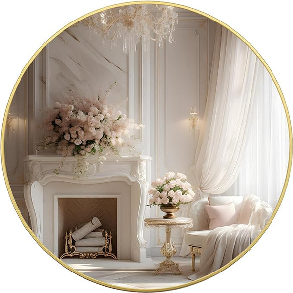 English Elm 39 Inch Metal Framed Round Bathroom Mirror 39" Large 4mm HD Shatterproof Glass with Rust-Resistant Frame Gold W2203P304056