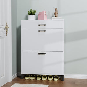 English Elm Shoe Storage Cabinet with Slim Footprint and 2 Flip Drawers, Durable MDF & Metal Organizer for Entryway White W578124376