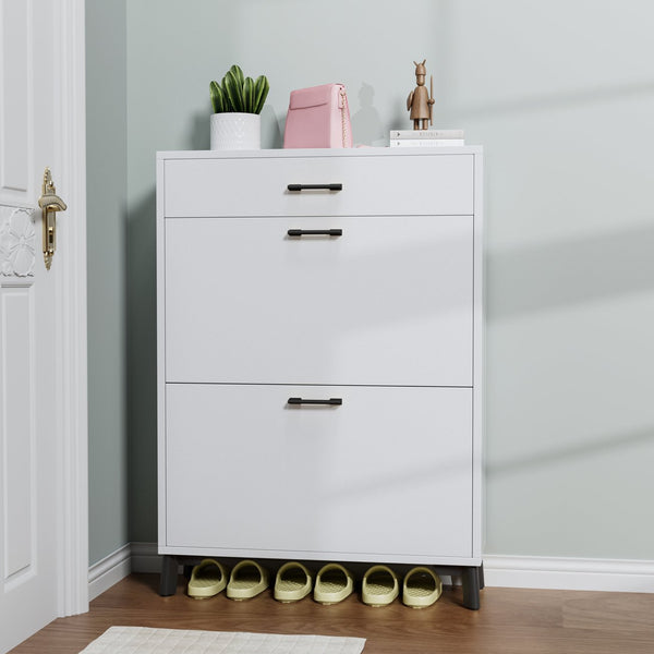 English Elm Shoe Storage Cabinet with Slim Footprint and 2 Flip Drawers, Durable MDF & Metal Organizer for Entryway White W578124376